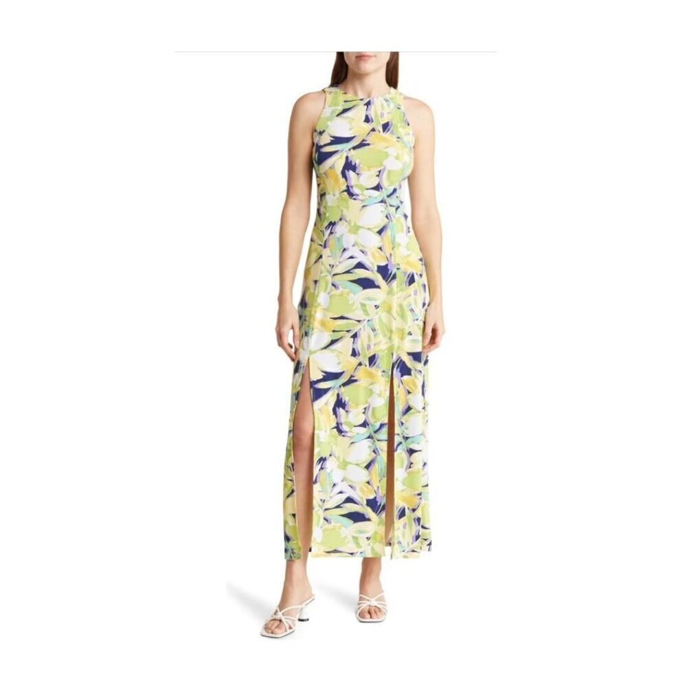 London Times Womens Yellow Blue Tropical Floral Sleeveless Maxi Dress Sz 8 New